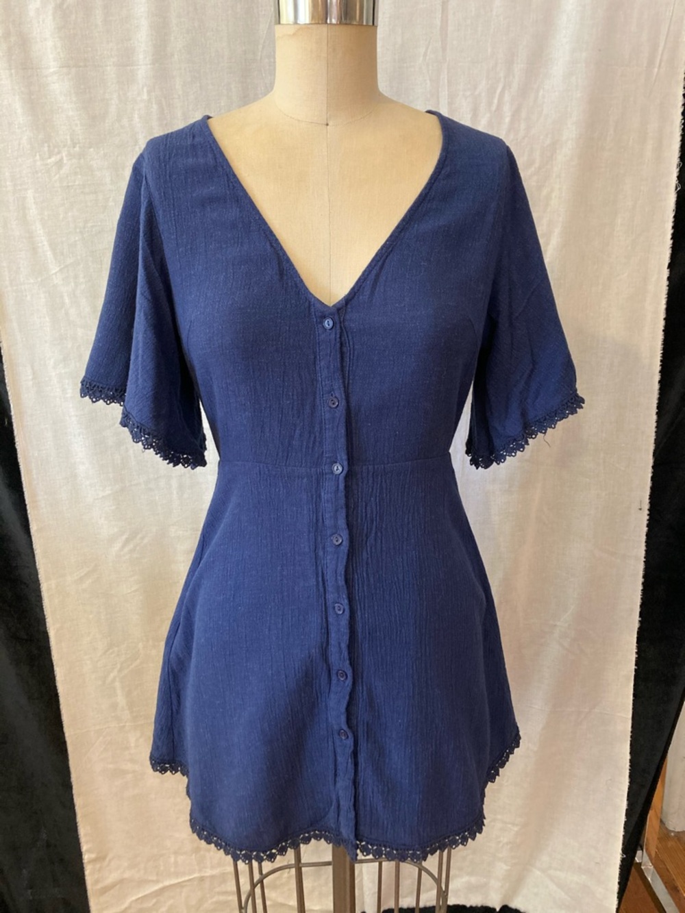 Navy Button-Front V-Neck Tunic with Crochet Trim